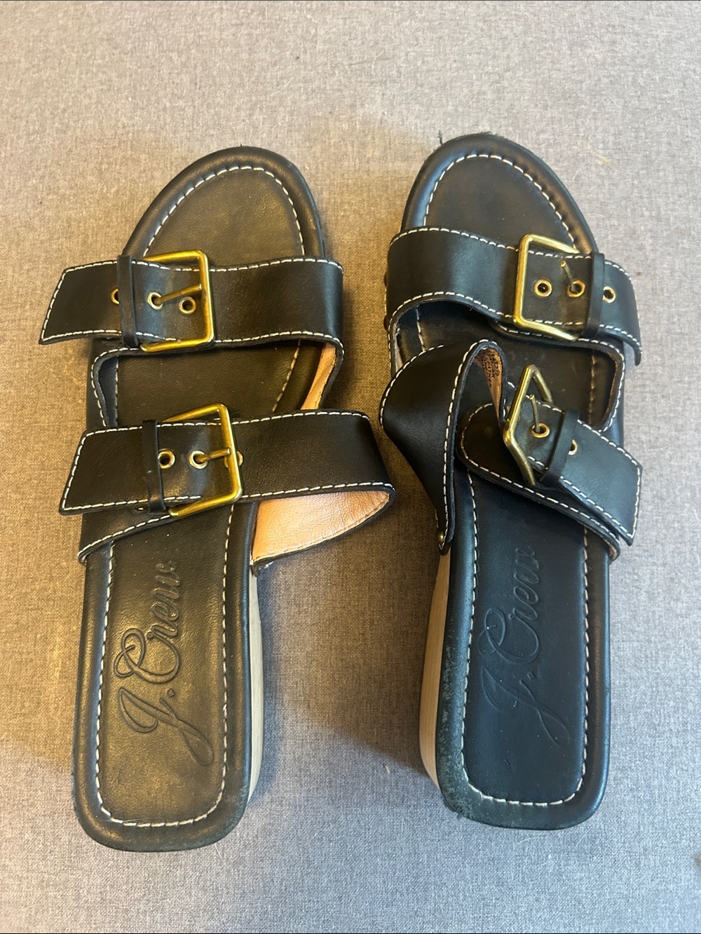 J. Crew  Black Double Buckle Slide Sandals with Gold Hardware